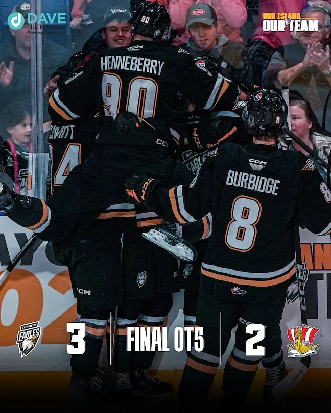 2025-04-04 => 2025-04-05 | 2e plus long match de l'histoire de la LHJMQ, soit 141m42s, à moins de 5 minutes du record de Ligue. Le Cap-Breton l'a emporté 3-2 sur Baie-Comeau; Angelo Fullerton a inscrit le but vainqueur.