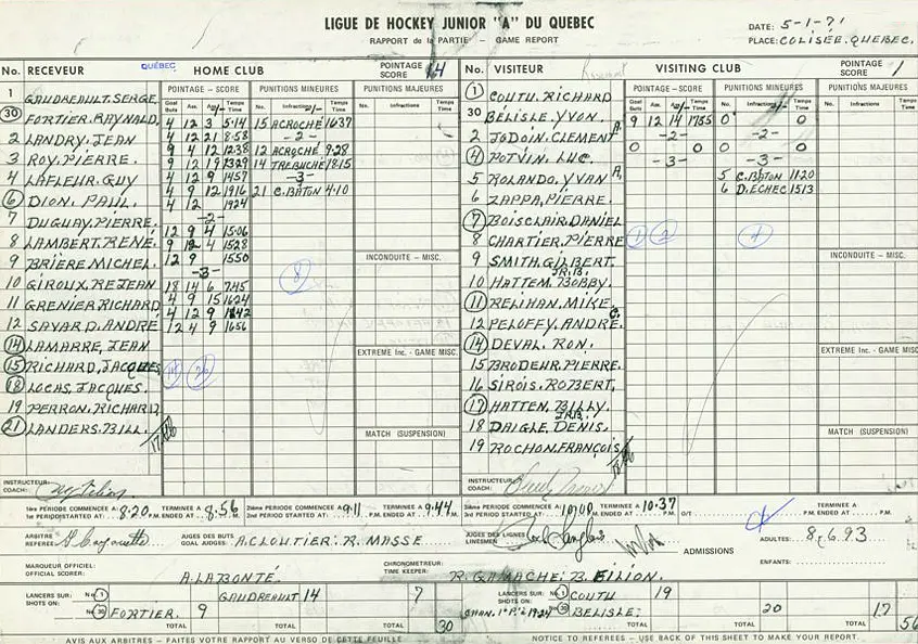 La feuille de pointage remplie lors du fameux match historique du 5 février 1971 au Colisée de Québec.