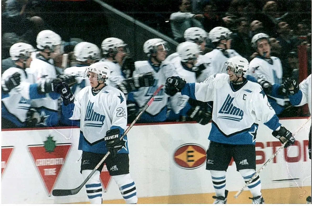 Simon Gamache was invited to the 2000 QMJHL All-Star Game, played at the Molson Centre. He is seen here with Mike Ribeiro right behind him after a goal.