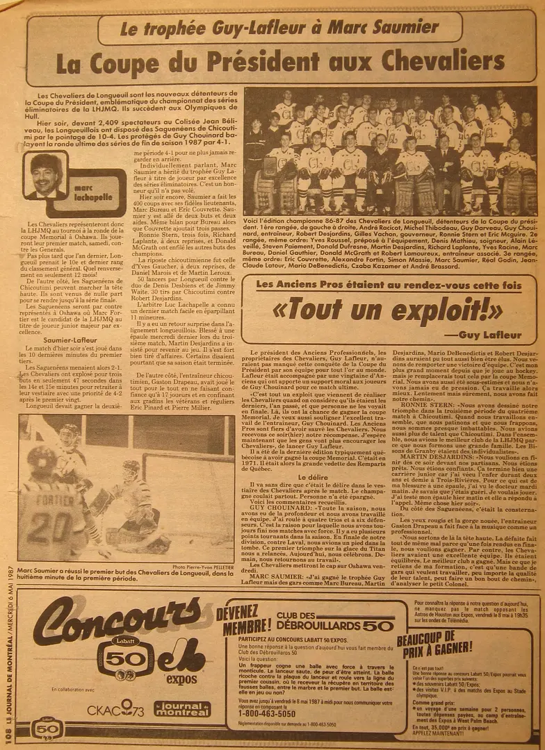 Marc Lachapelle - ce futur membre du Temple de la renommée de la LHJMQ était LA référence du hockey junior à cette époque. Ci-dessus, sa page classique et ses textes signés dans le Journal de Montréal.