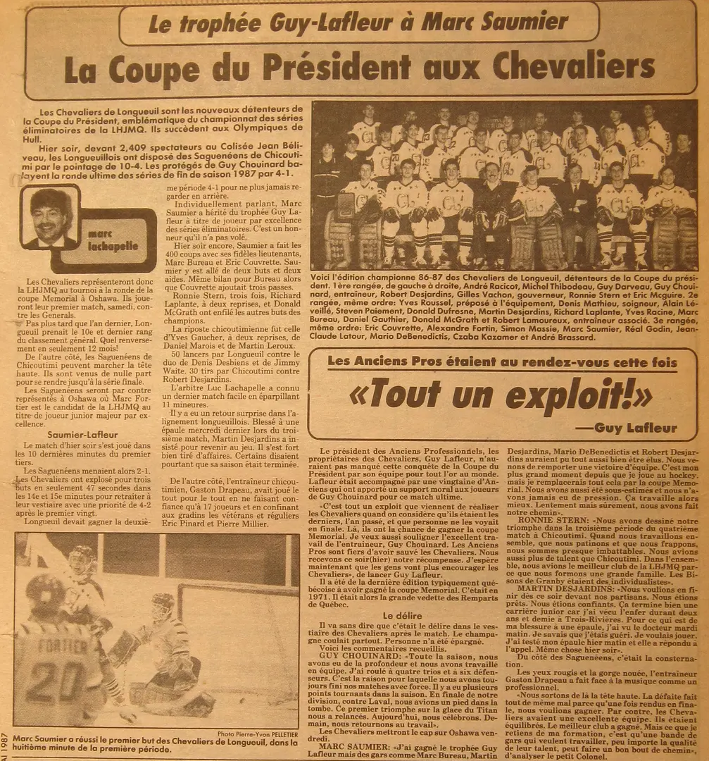 Marc Saumier and the Chevaliers became "QMJHL playoff champions" in 1987.