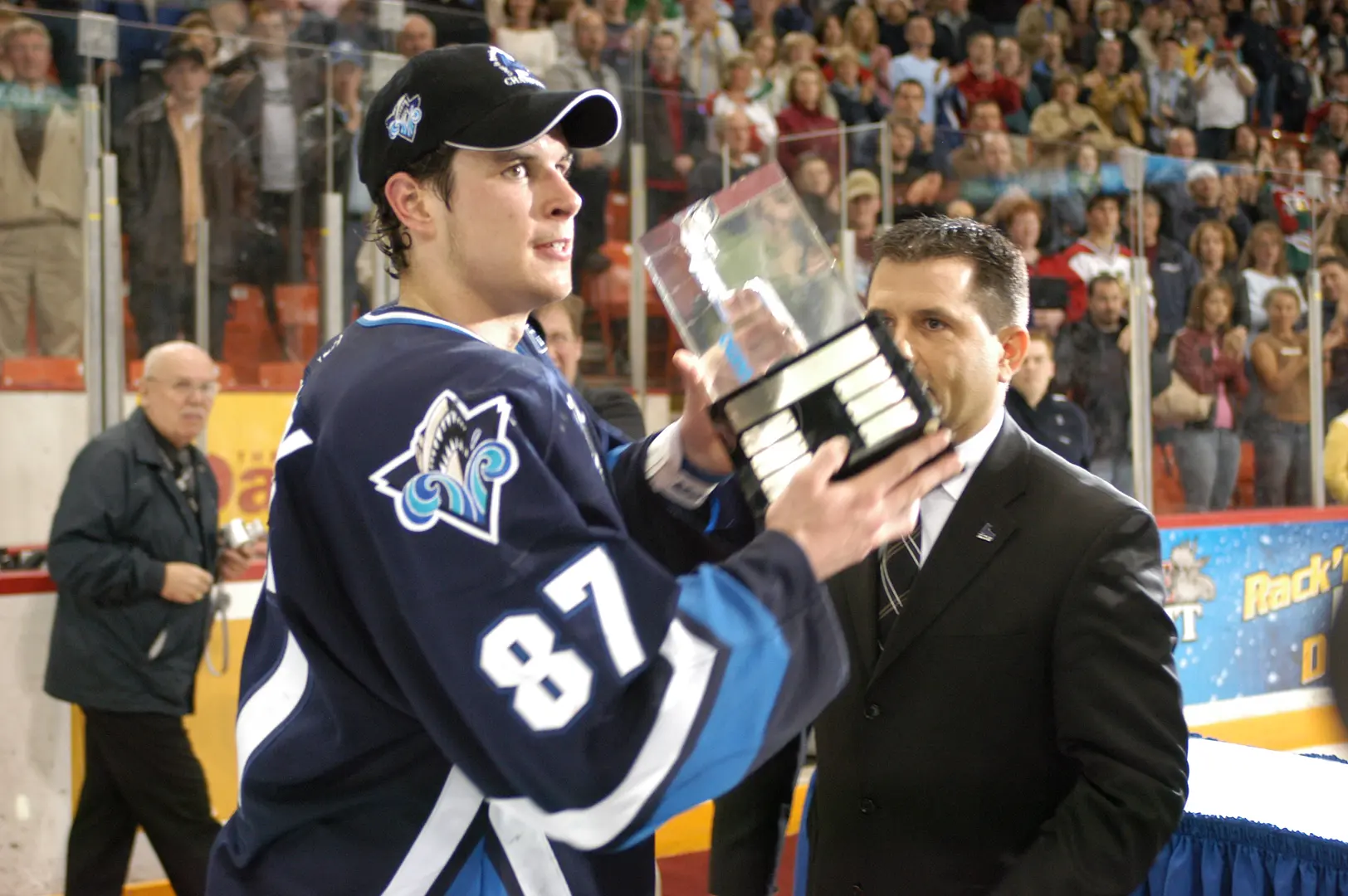 Sidney Crosby - he will add an individual honour to his collection. At the end of the 2005 playoffs, he was awarded the Guy-Lafleur Trophy as the playoffs' most valuable player. The determination of a Sidney Crosby has no equal.