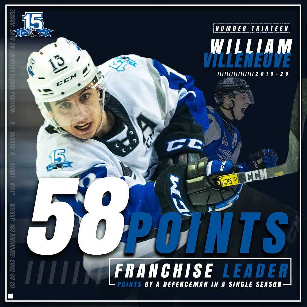William Villeneuve (2019-20) - his 58 points now set the team record for most points by a defenseman in a season. He also holds the lifetime assists record for a Sea Dogs defenseman, with 132, ahead of Thomas Chabot with 119...