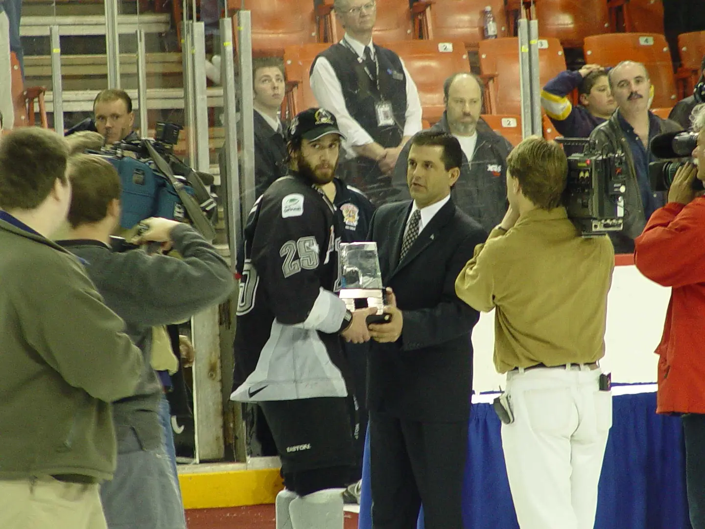 Maxime Talbot (2003 and 2004) - he will win the Guy-Lafleur Trophy twice as player of the playoffs. Marc Saumier, is the only other in the history of the League to have achieved the feat, but in his case he received it in two different uniforms. In 1988, Saumier was playing for the Olympiques when he received the title.