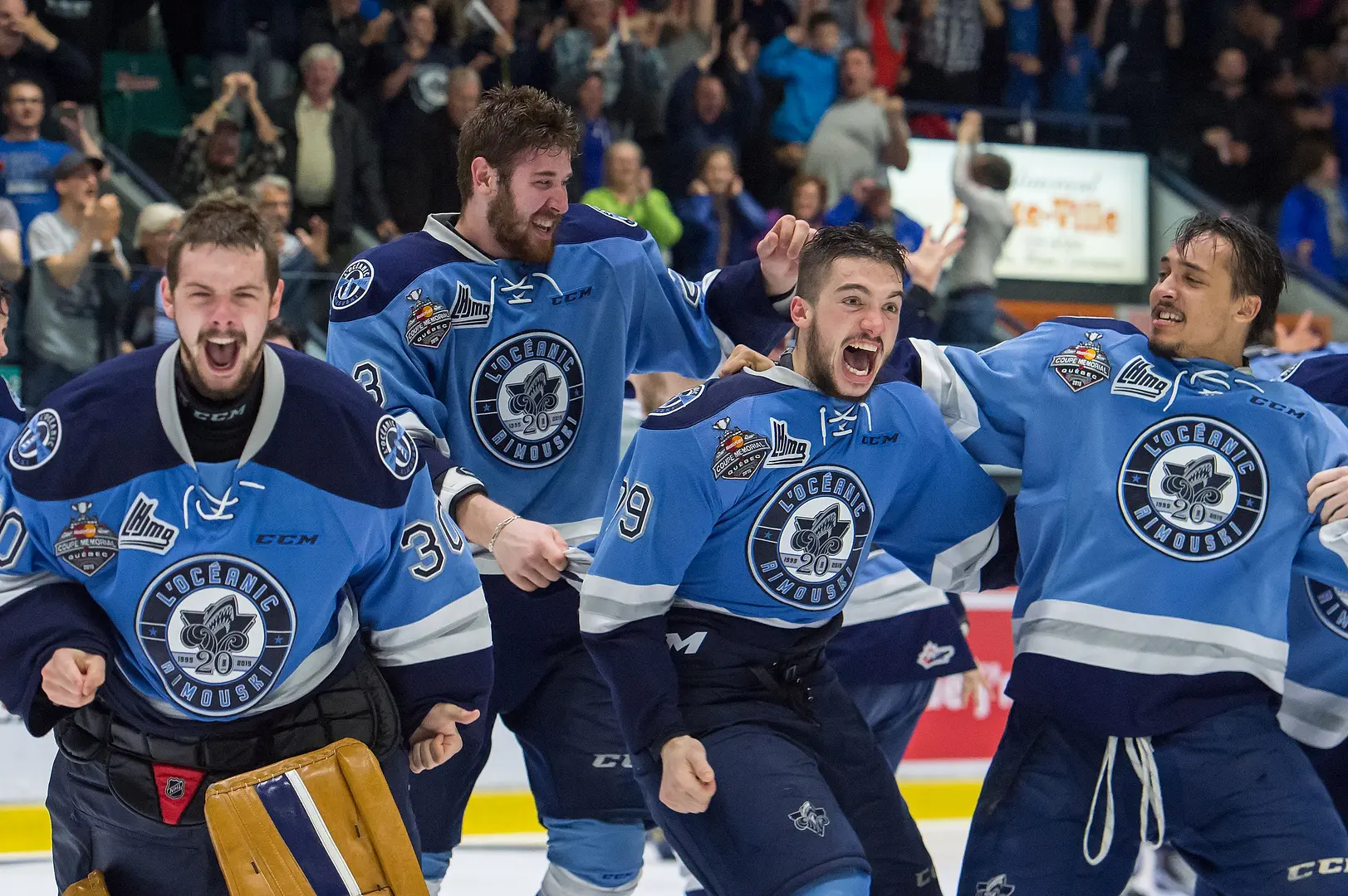 May 18, 2015 - The Oceanic celebrates at the Colisée Financière Sun Life! Michaël Joly (4th from right) has just scored the winning goal in the 2nd overtime period in Game 7 of the QMJHL final series. Goaltender Philippe Desrosiers (30), Frédérik Gauthier (23) and Samuel Laberge (79) show all their pride to the great delight of the 5,062 spectators.